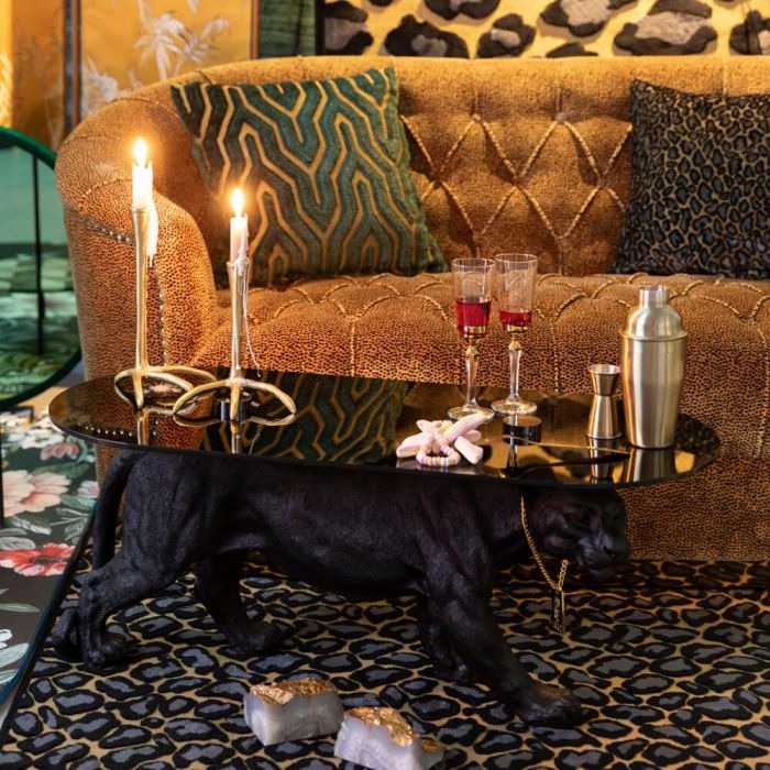 1 Black Leopard Luxe Sculptural Coffee Table featuring detailed panther base with 8mm tempered glass top - luxury artistic furniture for modern living room