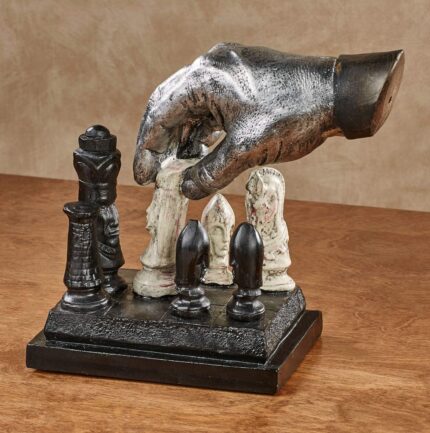 Checkmate Chess Sculpture — modern art sculpture featuring hand-carved chess pieces as wooden home decor, available for sale at Lume Art Gallery