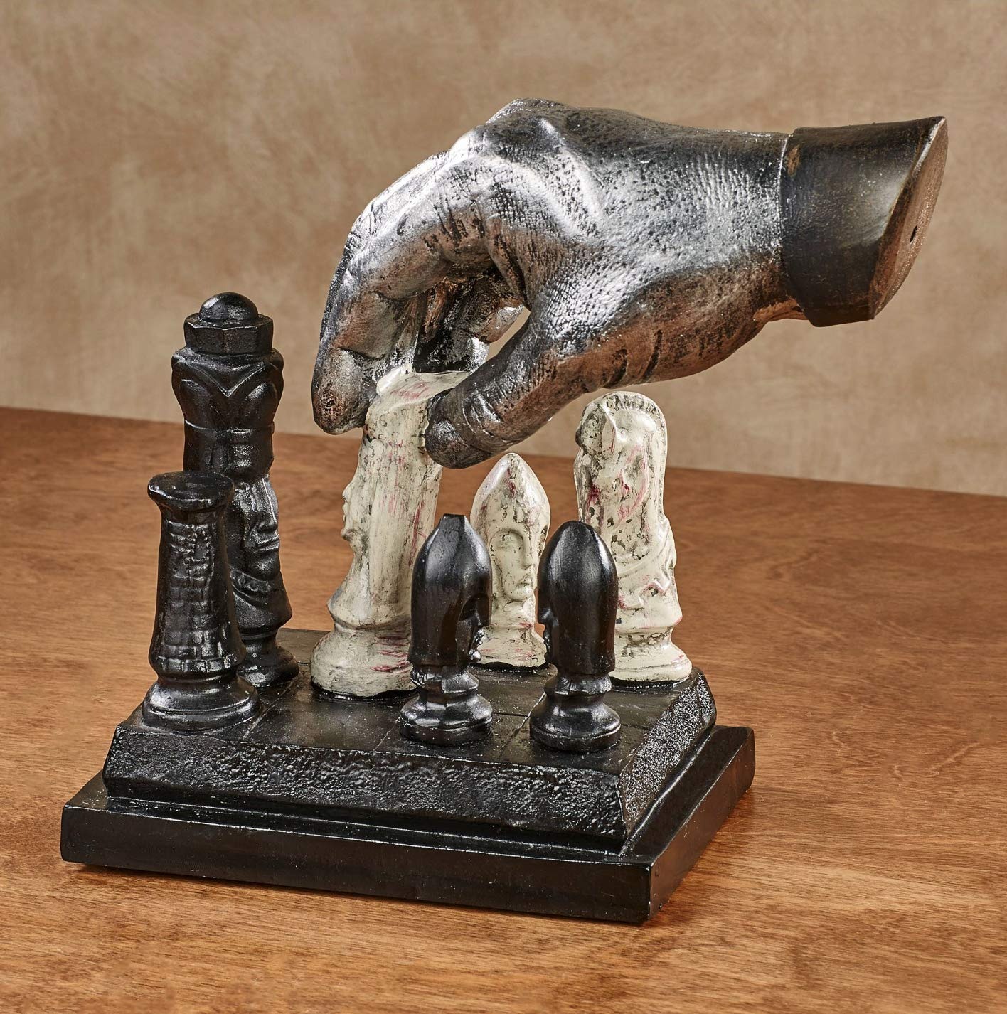 Checkmate Chess Sculpture — modern art sculpture featuring hand-carved chess pieces as wooden home decor, available for sale at Lume Art Gallery Checkmate Chess Sculpture — modern art sculpture featuring hand-carved chess pieces as wooden home decor, available for sale at Lume Art Gallery