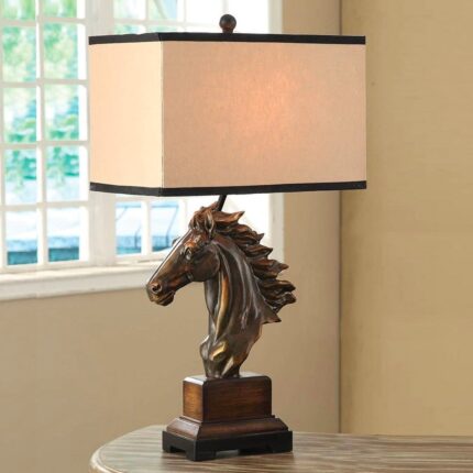 The Horse Head Lamp — sculptural horse lamp with linen shade in brown finish for modern living room lamps.