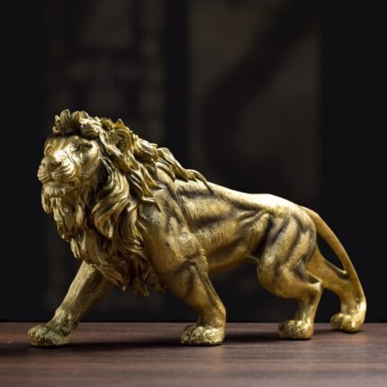 Golden Lion Sculpture — antique gold animal art sculpture for home decor tabletop display