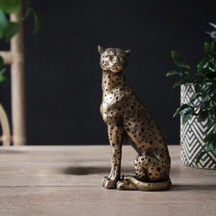 Hunter Leopard Gold Sculpture — art sculpture in a poised hunting stance, 22 inches tall, by Lume Art Gallery