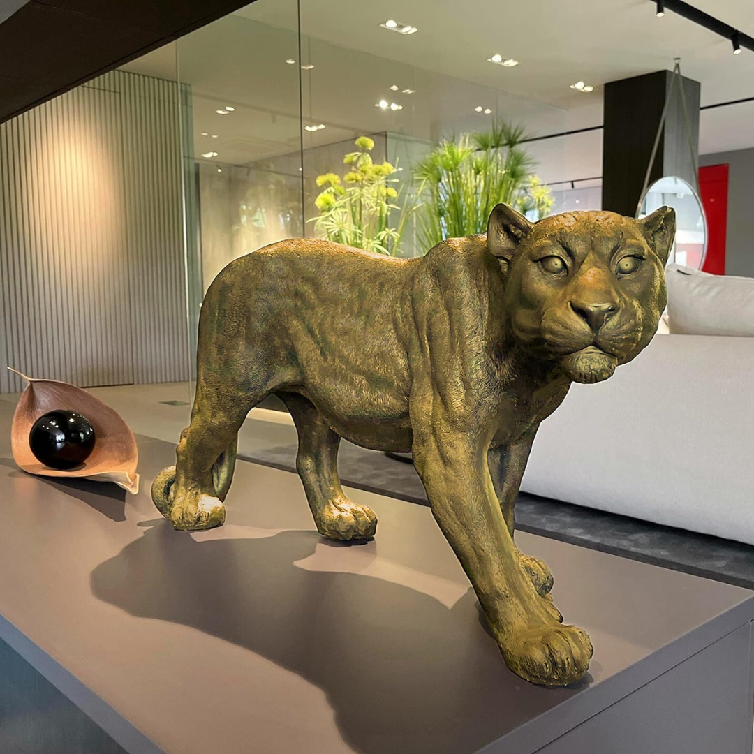 Panther Action Figure | Art Sculptures & Animal Sculpture 1 Panther Action Figure – handcrafted metallic gold panther sculpture, a modern floor sculpture available at Lume Art Gallery