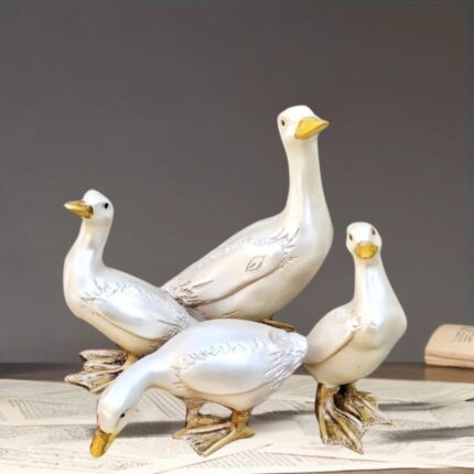 Duck Decor Set of Four, with iridescent finish and textured feathers — mid-century bird sculptures for sale for home decor | Lume Art Gallery