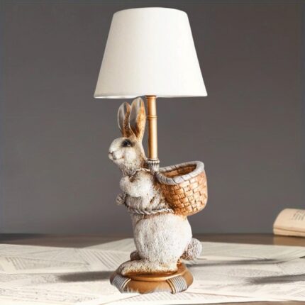 Bliss Rabbit Table Lamp — charming bunny lamp with woven basket base and soft white shade, a premium animal lamp for home decor