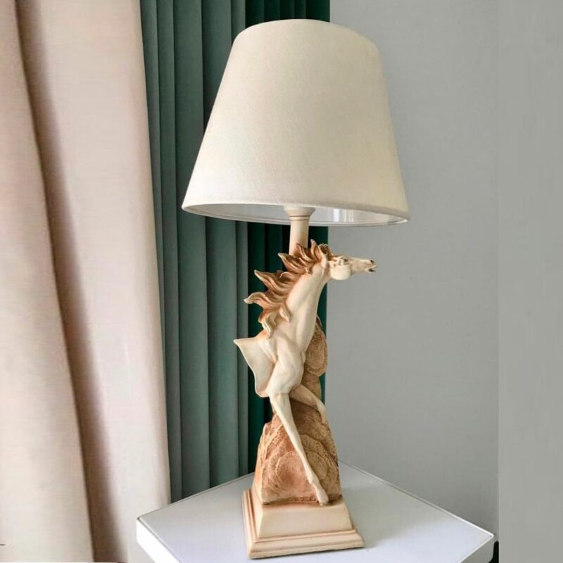Horse Tales Table Lamp — sculpted ceramic animal lamp with linen shade for living room and entryway decor
