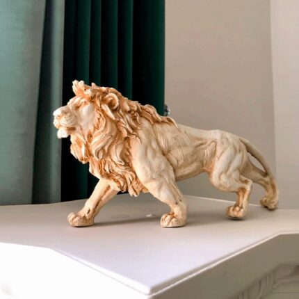 Majesty Lion Sculpture with matte white distressed finish and ornate gold crown — premium art sculpture for home decor | Lume Art Gallery