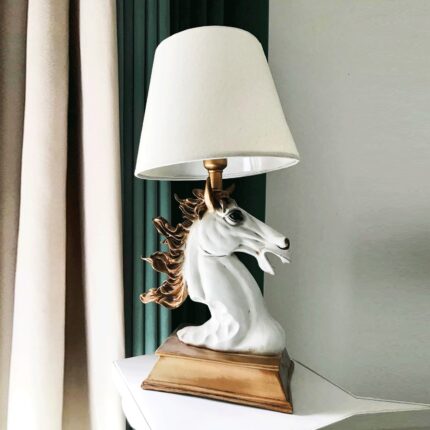 Prancing White Horse Lamp – sculptural animal lamp with cream fabric shade, a handcrafted art sculpture for modern living room lamps