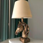 Equine Majesty Lamp – antique bronze horse table lamp art sculpture with cream fabric shade by Lume Art Gallery