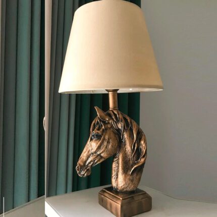 Equine Majesty Lamp – antique bronze horse table lamp art sculpture with cream fabric shade by Lume Art Gallery