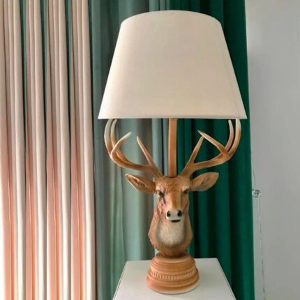 The Deer Face Table Lamp — premium animal lamp with linen shade and rustic antler detail for entryway lamp sale