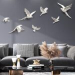 White Pigeon Set — white resin bird sculpture set with gold-tipped wings for modern wall art decor and sculptural wall decor