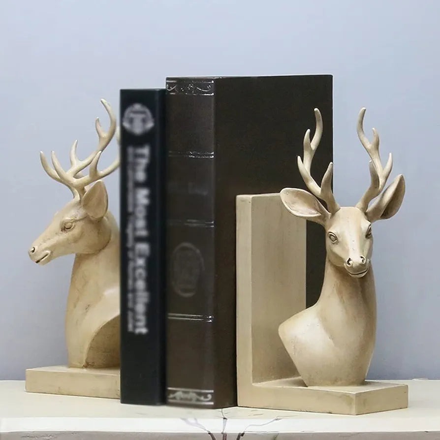 Gold Deer Head Bookends — handcrafted animal sculpture with detailed antlers for home decor, part of Lume Art Gallery's art sculptures for sale collection Gold Deer Head Bookends — handcrafted animal sculpture with detailed antlers for home decor, part of Lume Art Gallery's art sculptures for sale collection