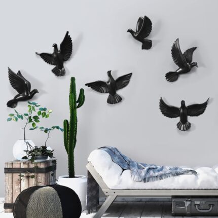 Black Pigeon Set — black resin bird sculpture set with gold-tipped wings for modern wall art decor and sculptural wall decor