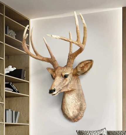 Handcrafted polyresin deer wall art sculpture with detailed antlers and realistic texture in beige finish, rustic animal lamp décor