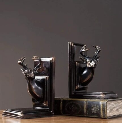 Black Deer Head Bookends – premium animal sculpture with dark metallic and polished gold finish, art sculptures for sale at Lume Art Gallery