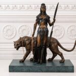 WARRIOR AMAZON GODDESS WITH TIGER BRONZE STATUE