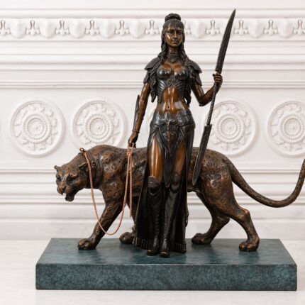 WARRIOR AMAZON GODDESS WITH TIGER BRONZE STATUE