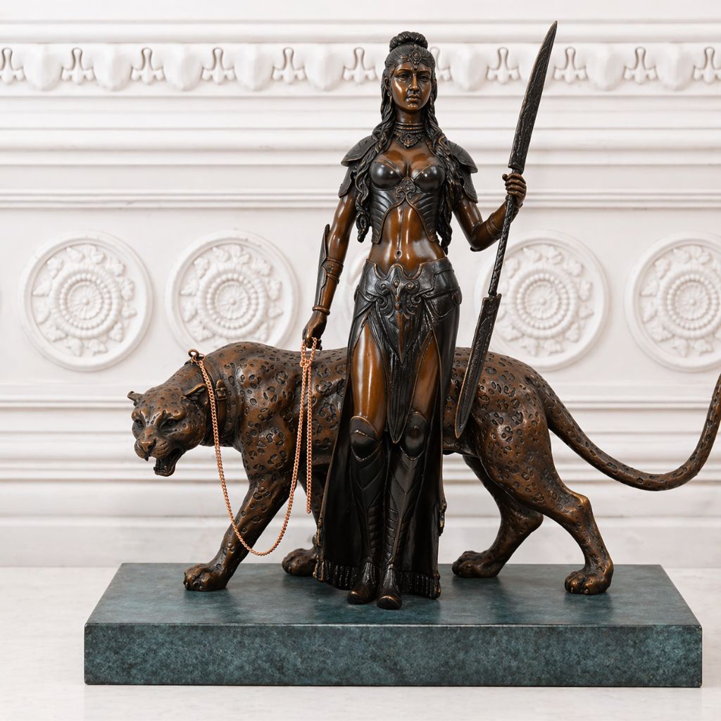 1 WARRIOR AMAZON GODDESS WITH TIGER BRONZE STATUE
