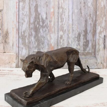 HEAVY PANTHER BRONZE SCULPTURE ON MARBLE BASE