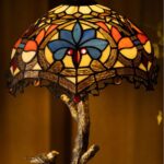 TIFFANY TABLE LAMP BLUE PETAL GROVE WITH STAINED GLASS SHADE