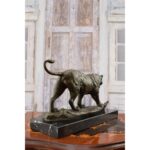 LARGE SOLID AND HEAVY TIGER BRONZE SCULPTURE ON MARBLE BASE