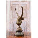 SWIMMER BRONZE STATUE ON MARBLE BASE - MAN ACT DIVER BRONZE SCULPTURE