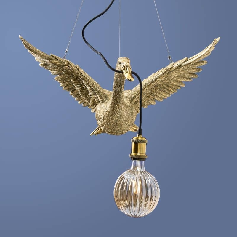 Gold Flying Duck — sculpted duck decor bird sculpture pendant light in radiant gold polyresin, a statement art sculpture for modern home interiors Gold Flying Duck — sculpted duck decor bird sculpture pendant light in radiant gold polyresin, a statement art sculpture for modern home interiors