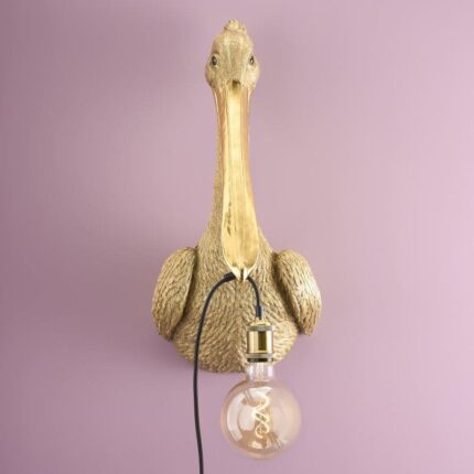 Gold Pelican Wall Lamp — sculptural decorative wall light with rich gold finish and E27 socket, ideal bird lamp sale for hallway, entryway, or living room modern wall decor