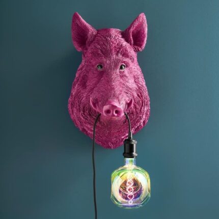 Magenta Wild Boar Wall Lamp — bold animal lamp and sculptural wall decor with E27 socket. A famous entryway lamp for modern living room wall decor