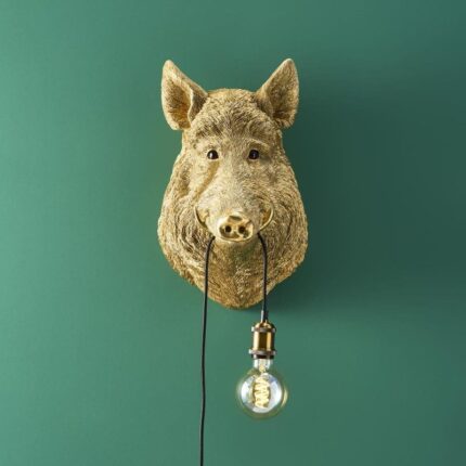 Gold Wild Boar Wall Lamp – sculptural animal lamp with E27 socket. One of the lamps with gold finish for modern wall art decor and luxury interiors