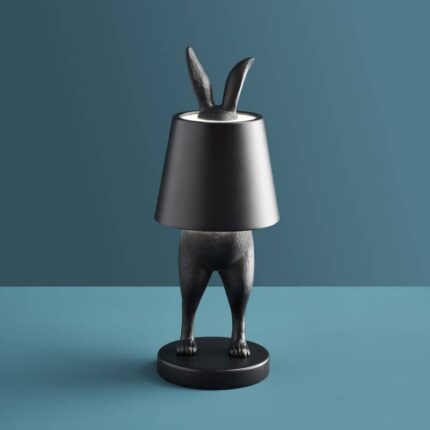 Matte Black Rabbit Lamp — LED hiding rabbit animal lamp in polyresin, 28 cm, compact black table lamps for modern living rooms and home decor