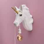 White Gold Unicorn Wall Lamp — sculptural animal lamp sale with gold horn and matte white bust, decorative wall light by Lume Art Gallery