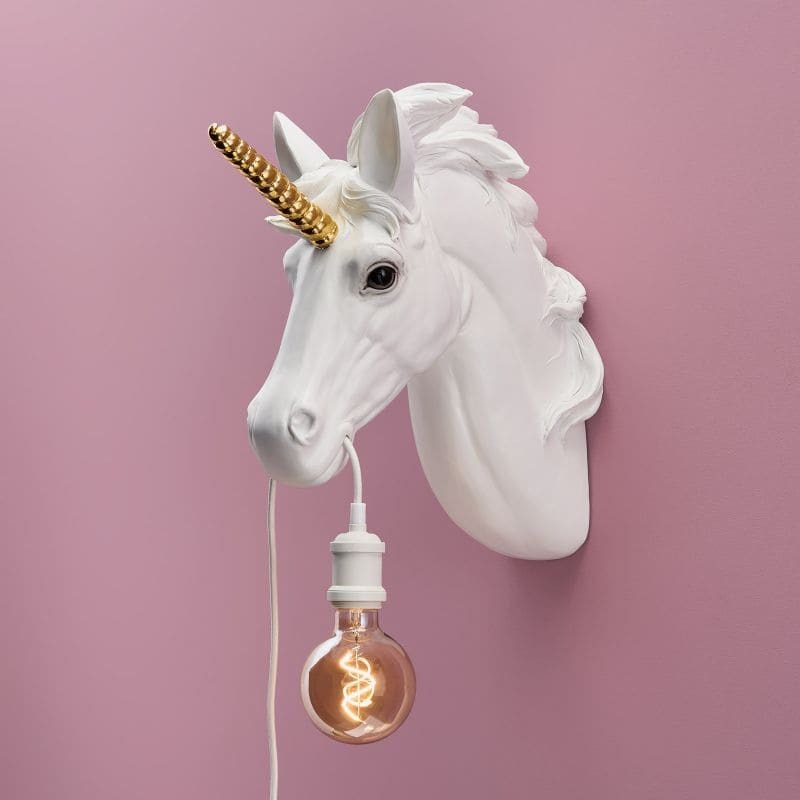 White Gold Unicorn Wall Lamp — sculptural animal lamp sale with gold horn and matte white bust, decorative wall light by Lume Art Gallery White Gold Unicorn Wall Lamp — sculptural animal lamp sale with gold horn and matte white bust, decorative wall light by Lume Art Gallery