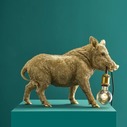 Gold Wild Boar Table Lamp — polyresin animal lamp and deco art lamp with gold finish and exposed bulb, 51 × 36 cm, for living rooms and entryways
