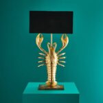 Gold Lobster Table Lamp — sculptural animal lamp with E27 socket and black shade, a deco art lamp for entryway and modern living room decor | Lume Art Gallery