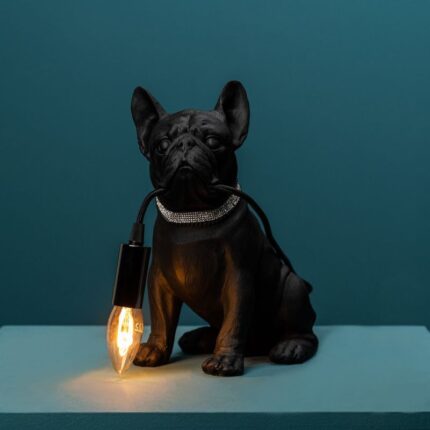 Francis Black Dog Lamp — sculptural black dog lamp with rhinestone collar | Lume Art Gallery