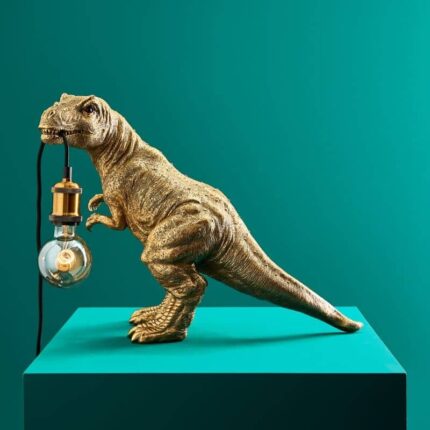 Dinosaur Rexy Gold Table Lamp – sculptural gold animal lamp in polyresin, a striking deco art lamp and art sculptures for sale for modern living room decor