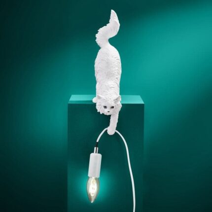Cat Chichi White Table Lamp — sculptural polyresin and metal animal lamp with cat design, 34 cm, E14 socket, white finish