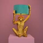 Gold Chimpy Monkey Lamp — sculpted polyresin and metal monkey lamp with petrol blue shade, part of the Animal Lamps Collection at Lume Art Gallery