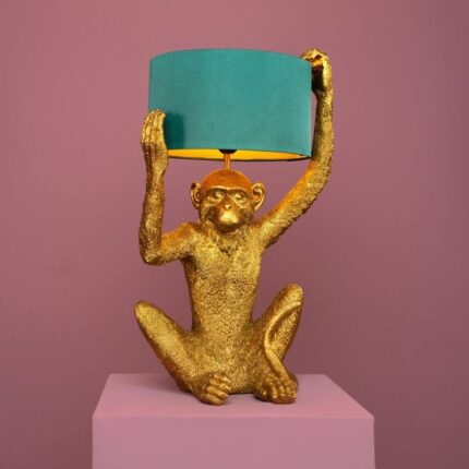 Gold Chimpy Monkey Lamp — sculpted polyresin and metal monkey lamp with petrol blue shade, part of the Animal Lamps Collection at Lume Art Gallery
