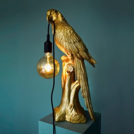 Gold Parrot Table Lamp — sculptural gold deco art lamp in polyresin, 61 cm tall, by Lume Art Gallery