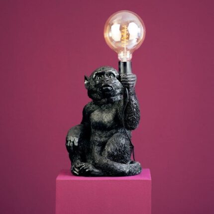 Black Monkey Abu Table Lamp — sculptural black monkey animal lamp with E27 socket, 39.5 cm tall. Deco art lamp for modern living rooms and home decor