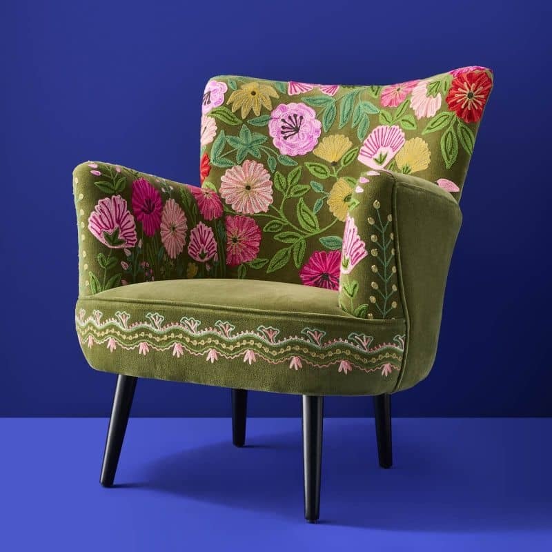 D85 Velvet Armchair with Floral Design Emma Green Hand-Embroidered