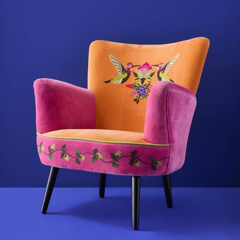 E1 Velvet Armchair with Bird Design Kolibri Orange-Pink Hand Embroidered