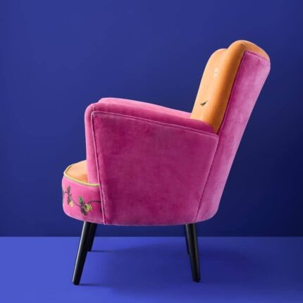 Velvet Armchair with Bird Design Kolibri Orange-Pink Hand Embroidered