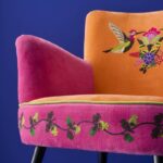 Velvet Armchair with Bird Design Kolibri Orange-Pink Hand Embroidered