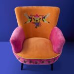 Velvet Armchair with Bird Design Kolibri Orange-Pink Hand Embroidered