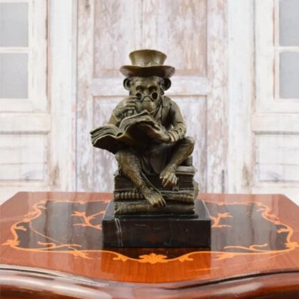 Monkey Reading Book Sculpture – bronze-finish animal sculpture with top hat and spectacles, a unique art sculpture for modern home decor and home decor displays