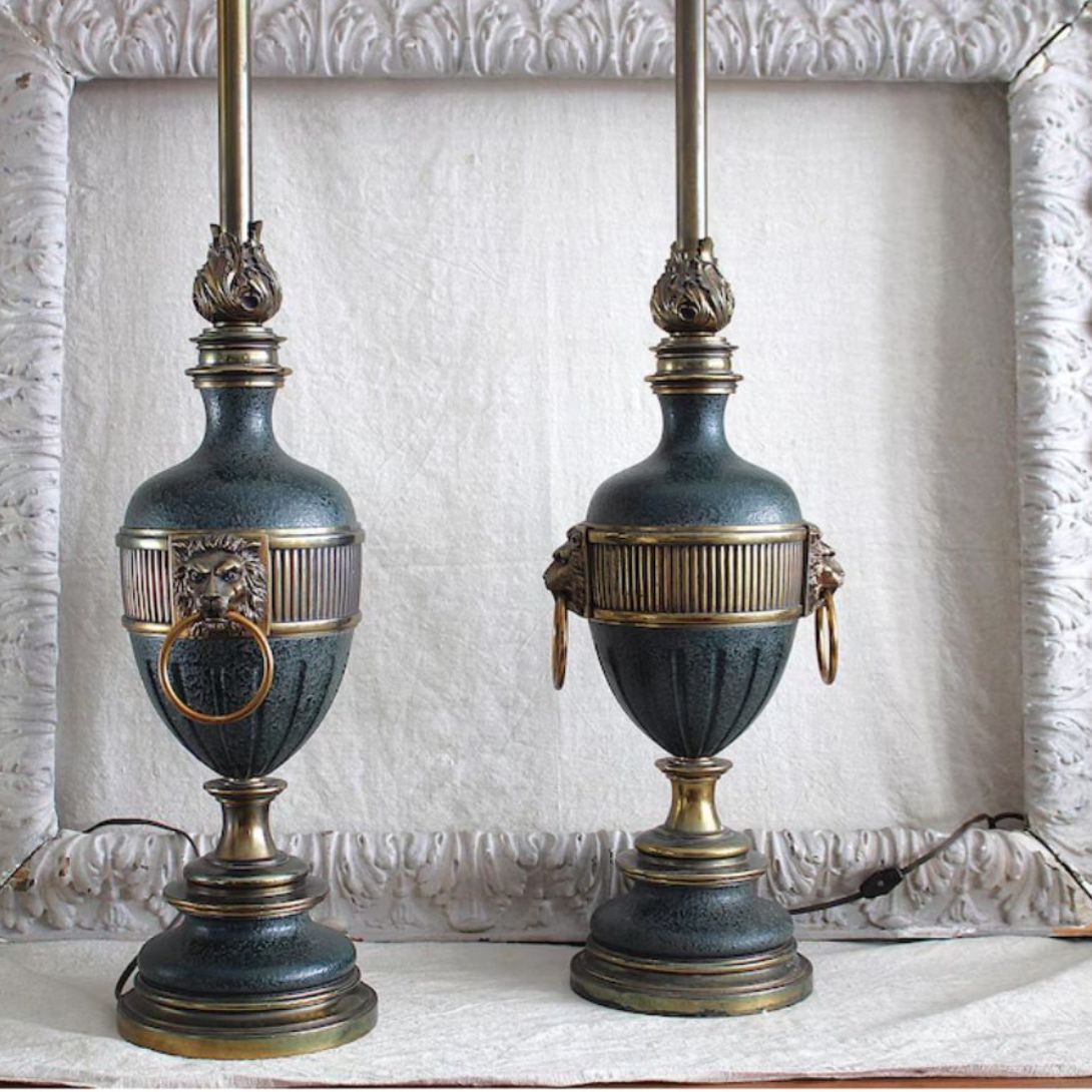 Untitled design (3) VINTAGE MONUMENTAL STIFFEL BRASS LION HEAD GREEN ENAMEL URN HOLLYWOOD REGENCY STYLE LAMP
